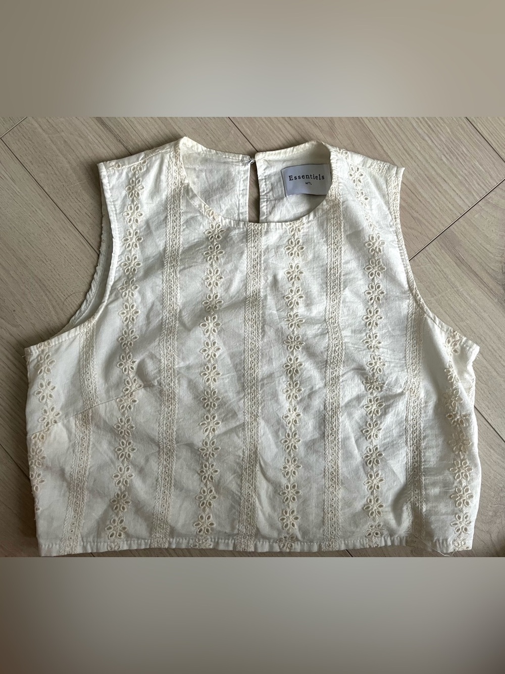 Essentials Ivory Embroidered Sleeveless Crop Top